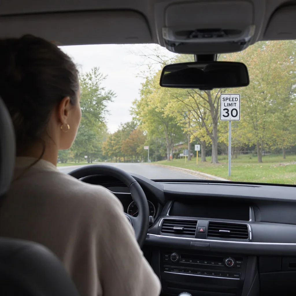 A driver looking at a road sign from a parked car, illustrating vision and driving visibility.