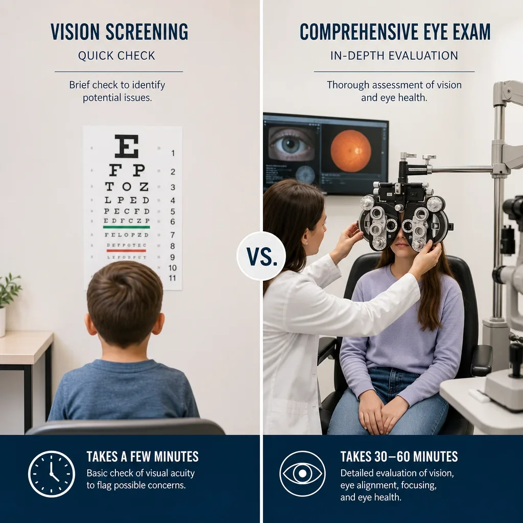 A comparison between a quick vision screening and a full eye exam.