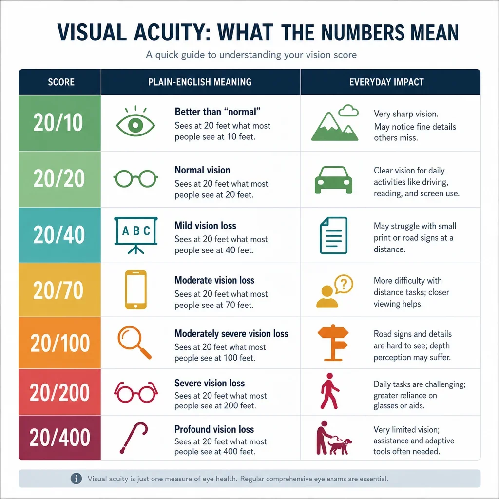 A visual acuity comparison chart showing different Snellen scores and what they mean.