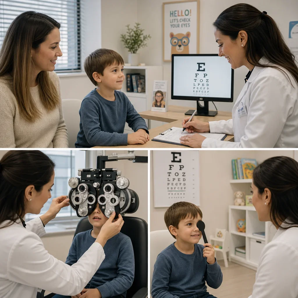 A child having a first eye exam in a pediatric optometry clinic with a parent present.