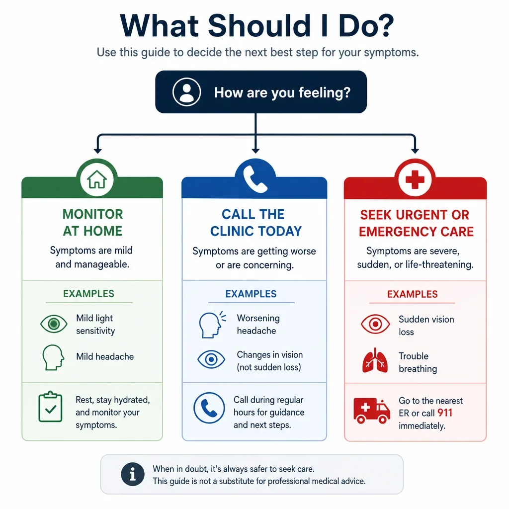 Decision-tree infographic for home monitoring, calling the clinic, or seeking emergency care.