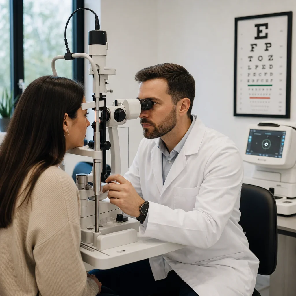 An optometrist performing a comprehensive eye exam with a slit lamp in clinic.