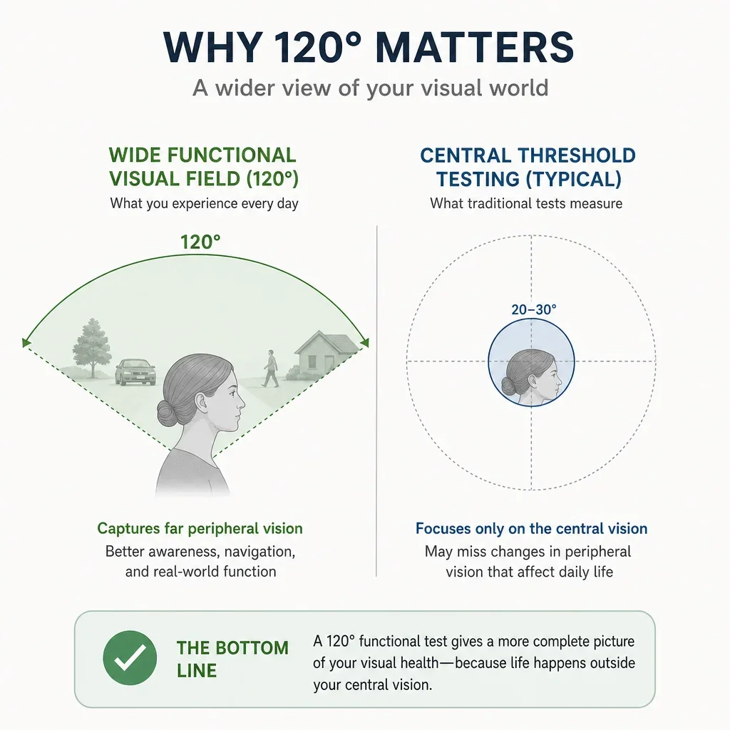 A diagram comparing a wide 120-degree visual field to a smaller central test area.