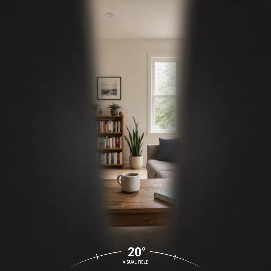 An illustration of a narrow 20-degree visual field with tunnel-like vision.