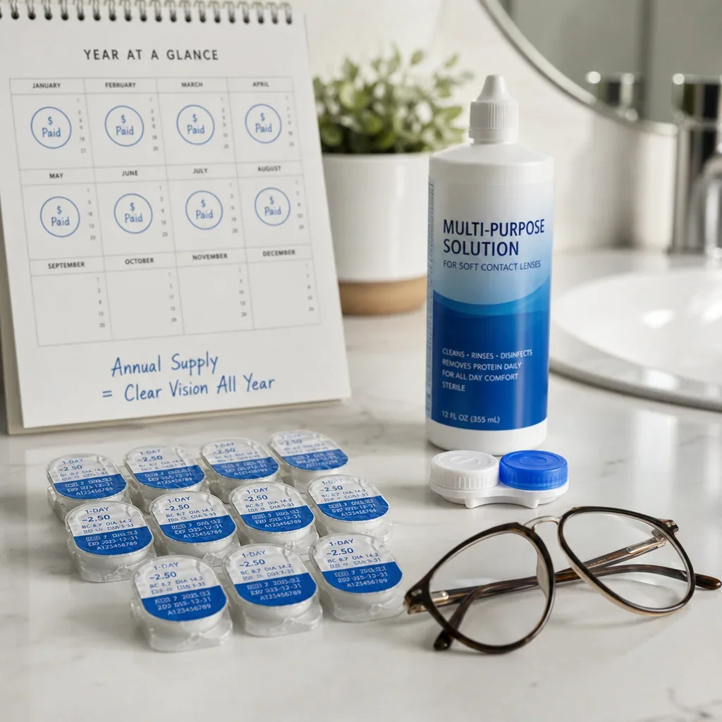 Contact lenses, solution, backup glasses, and a calendar representing annual costs.