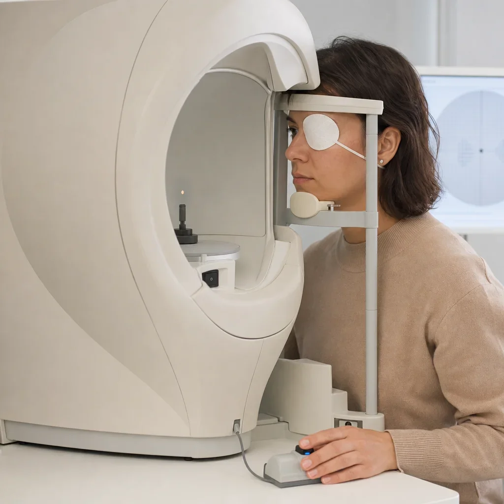 A patient taking an automated peripheral vision test on a bowl-shaped machine.