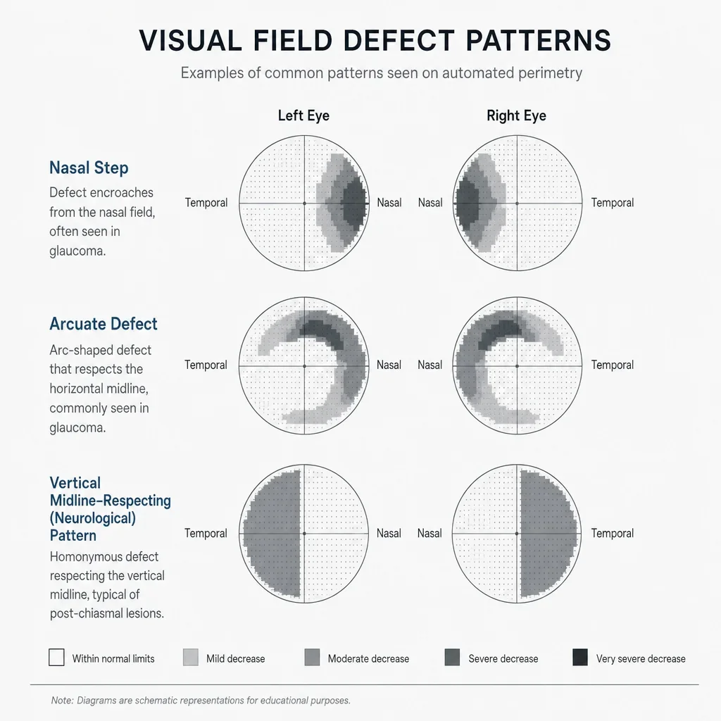 A diagram showing common visual field defect patterns doctors look for.