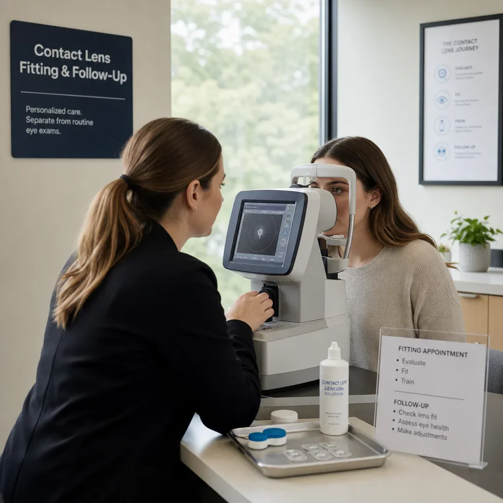An optometrist fitting contact lenses for a patient.