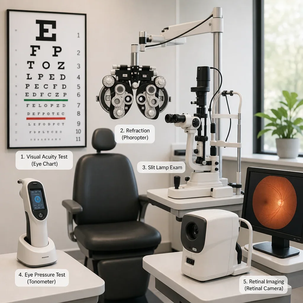 A modern optometry exam setup with tools used for core eye tests.