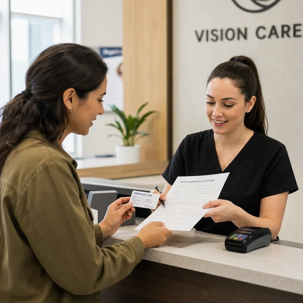 A patient and receptionist reviewing insurance coverage for an eye exam.