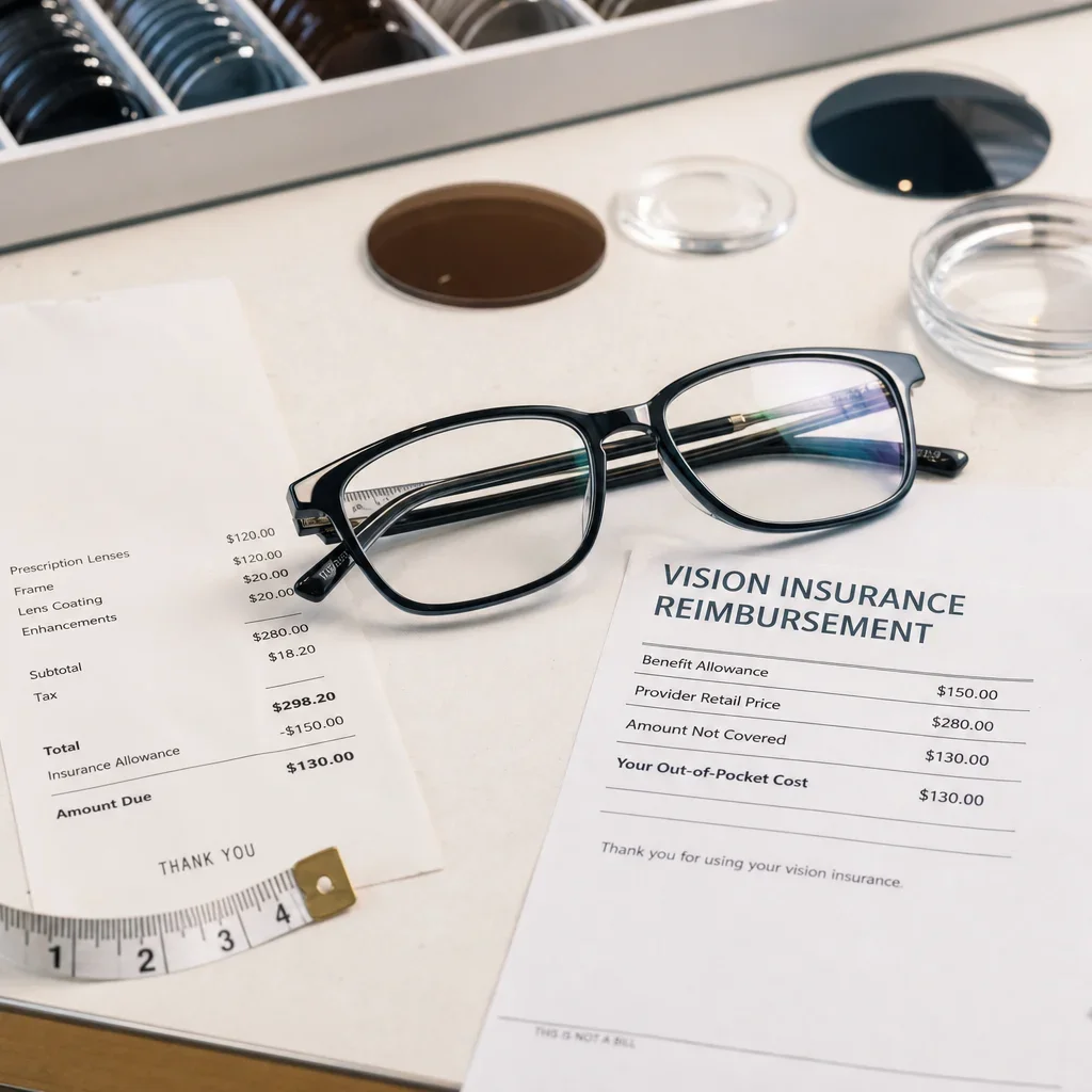 Prescription glasses with a receipt and insurance form showing after-insurance cost.