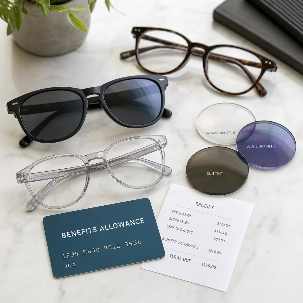 Different types of glasses and lens upgrades shown with an insurance allowance concept.