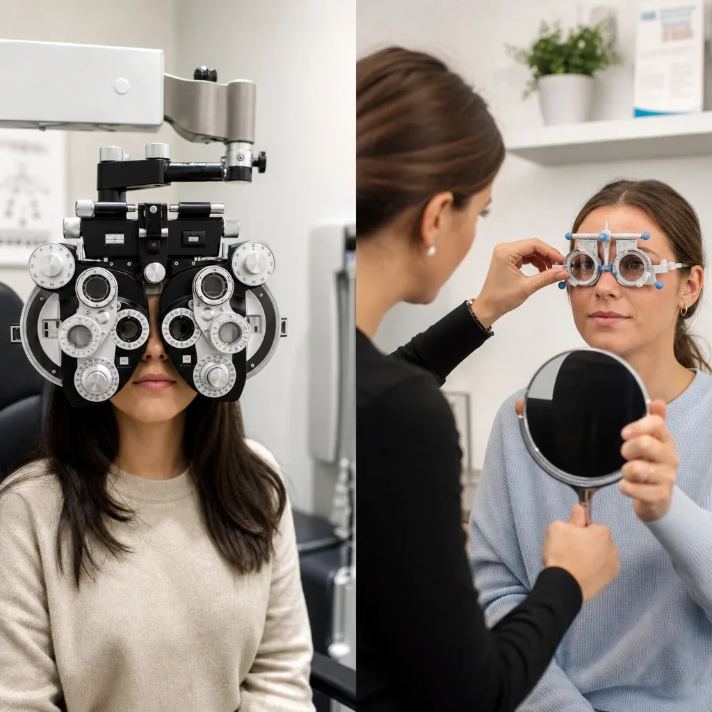 Side-by-side view of a glasses exam and a contact lens fitting.