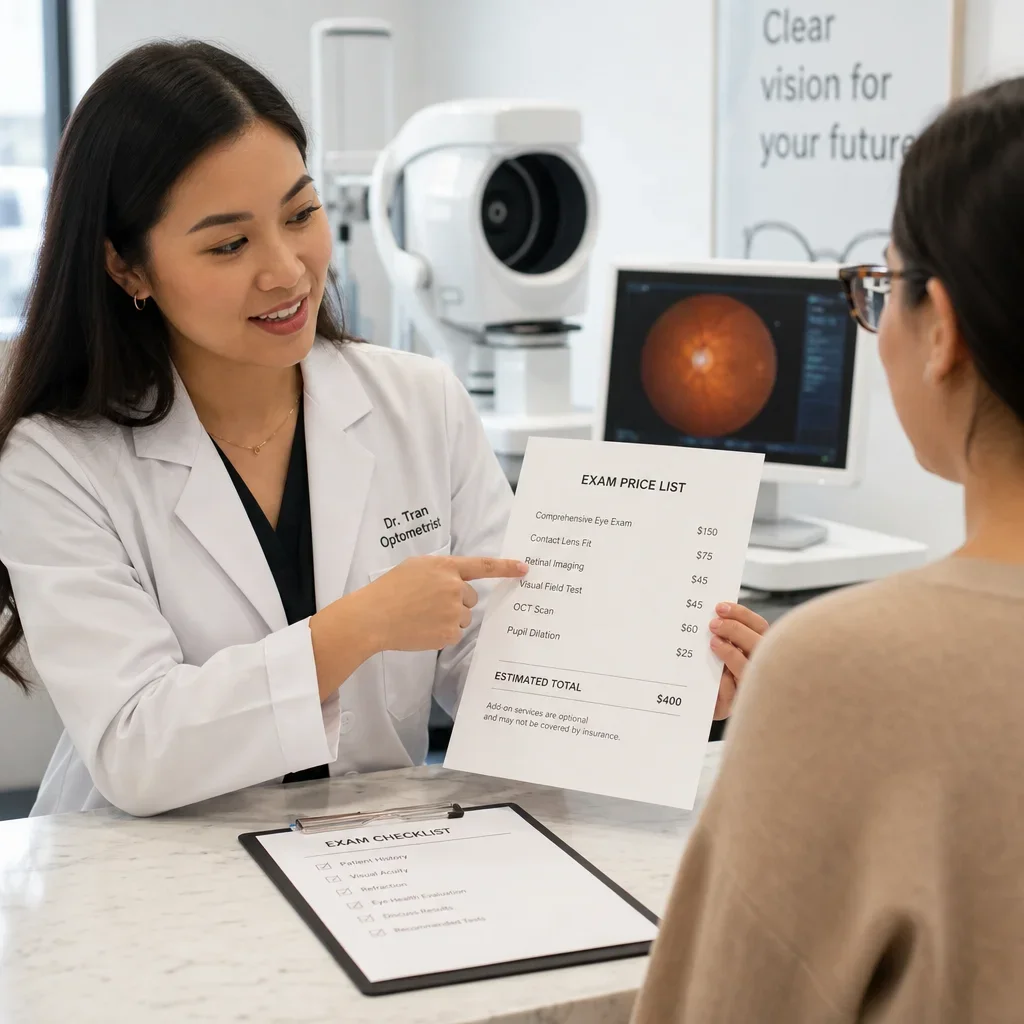 An optometry price list and checklist showing possible add-on fees.