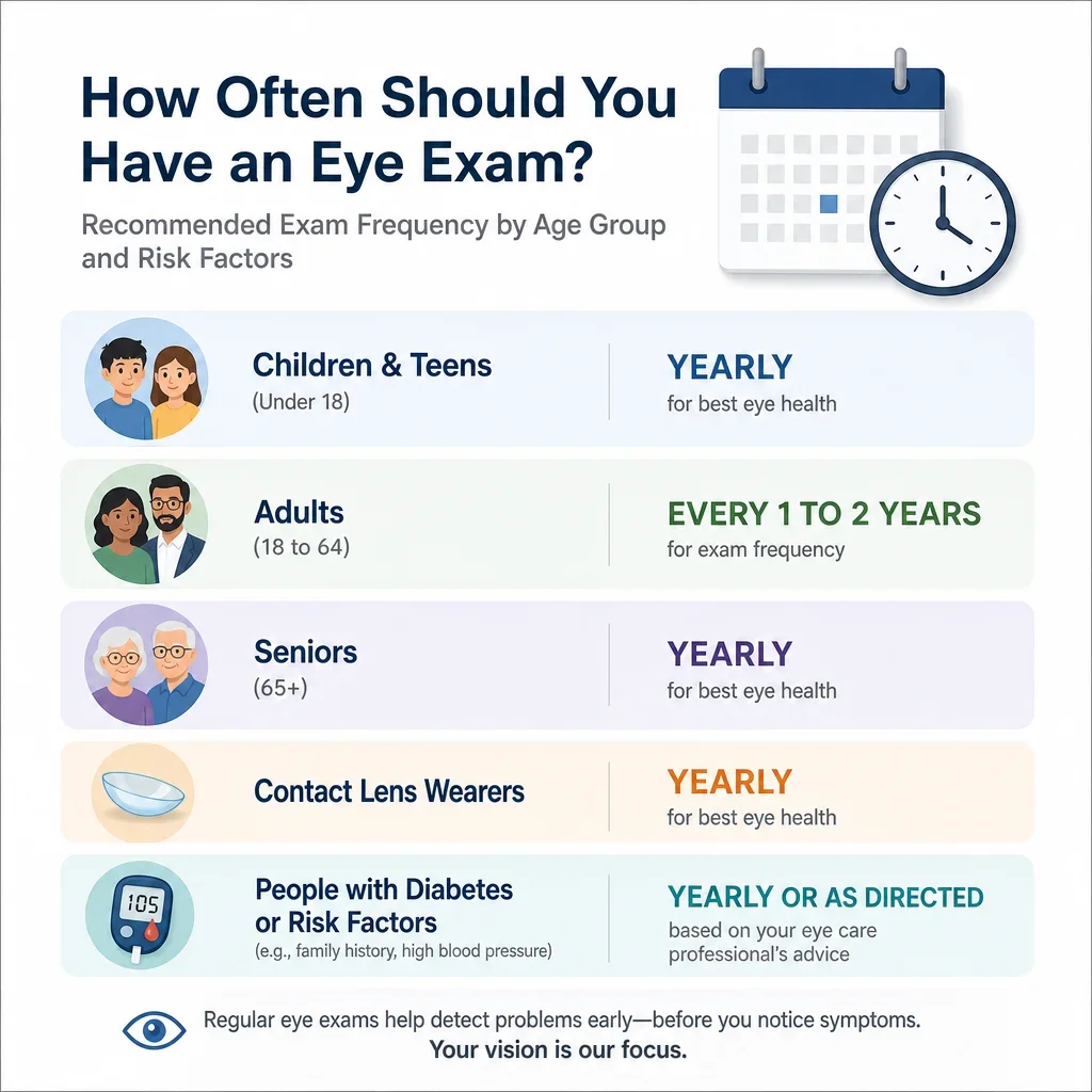 A chart showing how often different age groups should have eye exams.