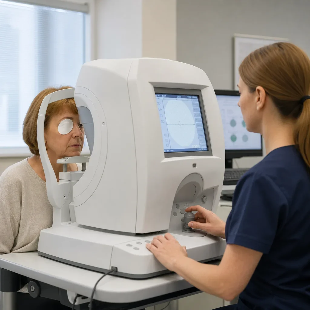 A patient undergoing Humphrey visual field testing in an eye clinic.