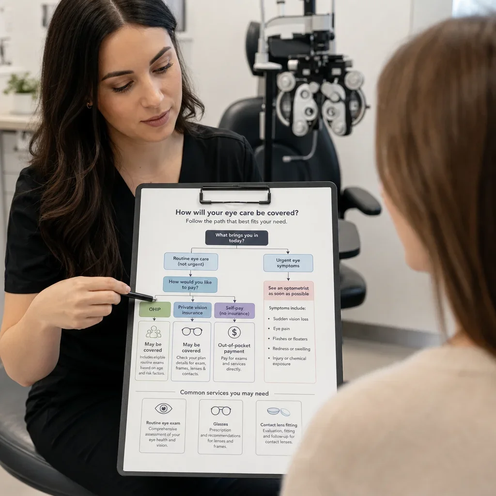 A decision tree showing whether an eye exam is covered by OHIP, private insurance, or self-pay.