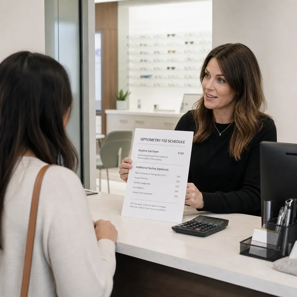 A clinic desk showing an eye exam fee estimate without insurance.
