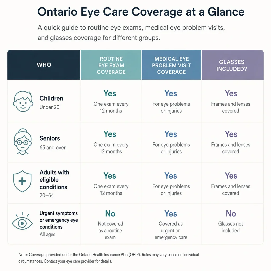 A comparison chart of which Ontario groups may have eye exam coverage.