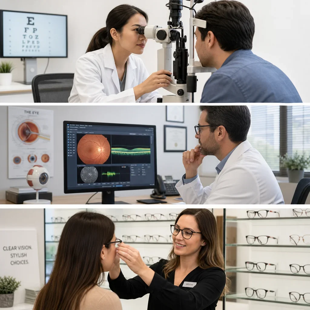 Three eye care professionals shown in their different roles.