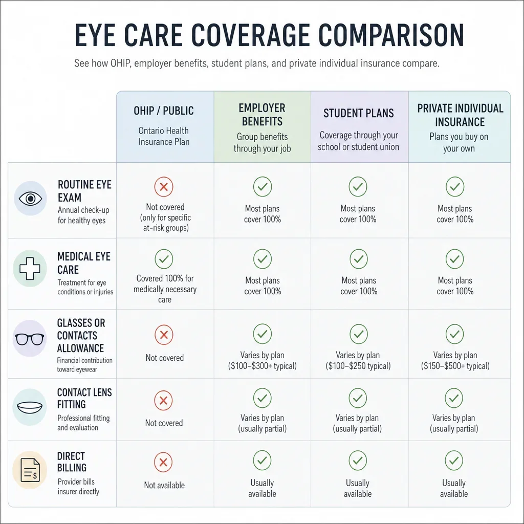 A chart comparing public plans, employer benefits, student plans, and private insurance for eye care.