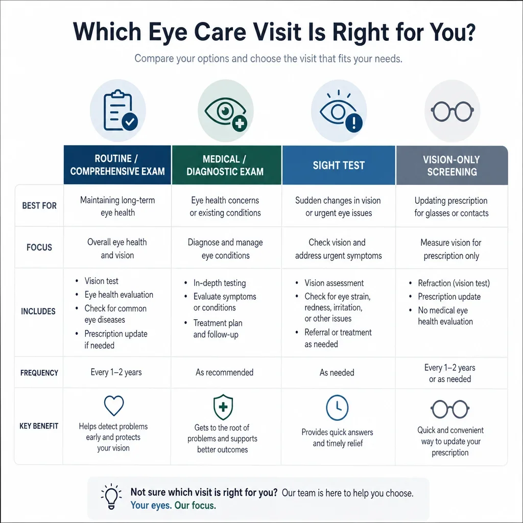 A comparison diagram showing routine, medical, diagnostic, and sight test visit types.
