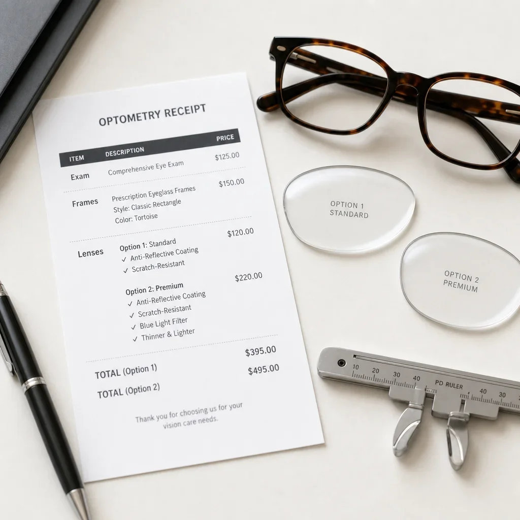 A desk layout showing the components that make up the total cost of glasses.