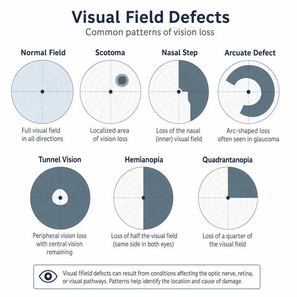 A simple diagram showing common visual field loss patterns.