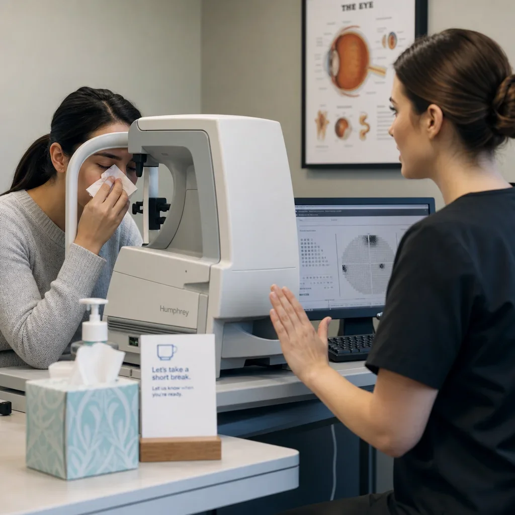 A patient pausing during a visual field test because of fatigue or dry eye.