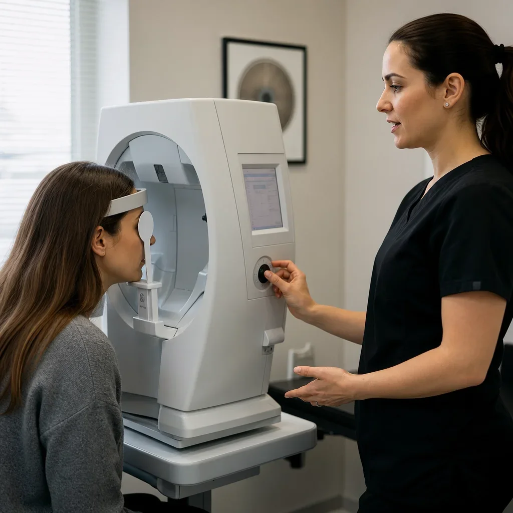 A technician preparing a patient for a visual field test.