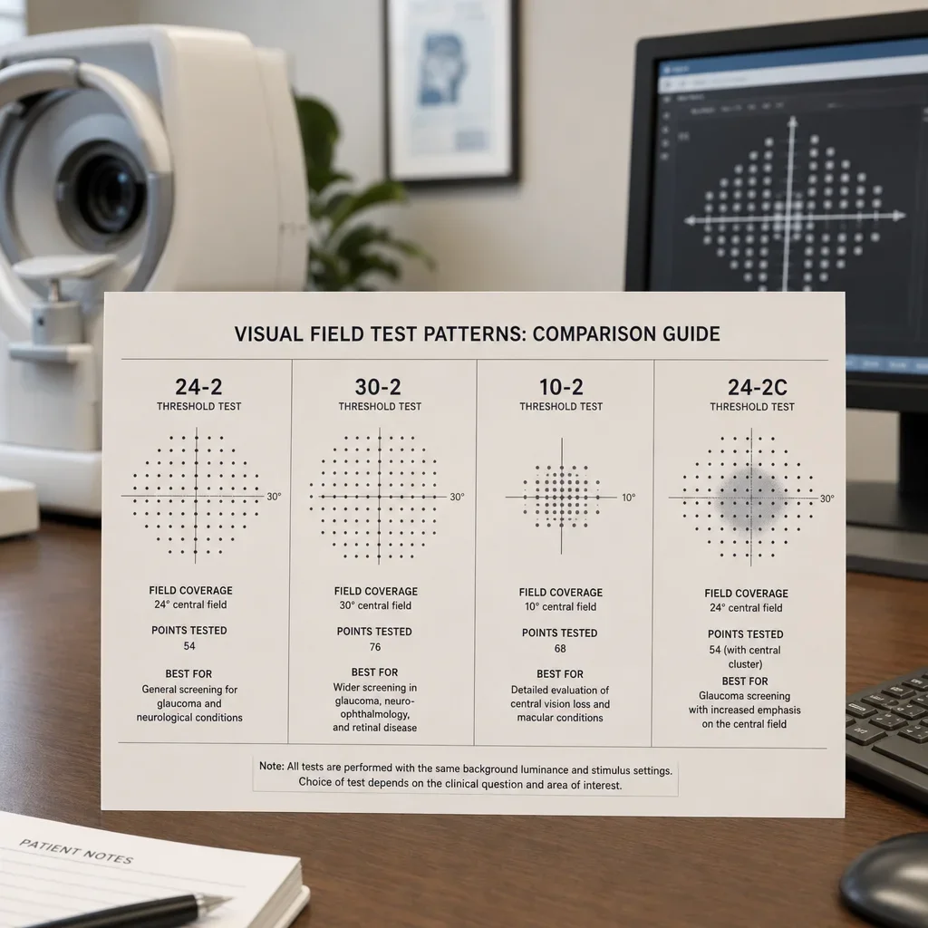 A comparison of 24-2, 30-2, 10-2, and 24-2C visual field test patterns.
