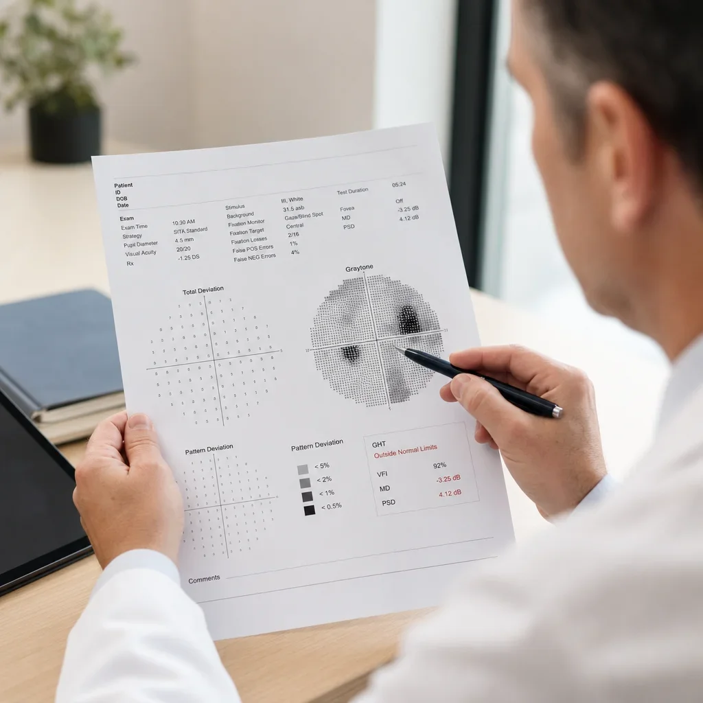 A clinician reviewing a visual field test report with charts and summary numbers.
