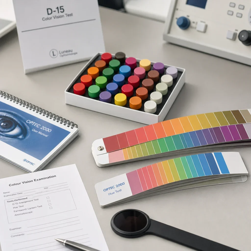 A clinical setup showing different advanced color vision tests beyond Ishihara.
