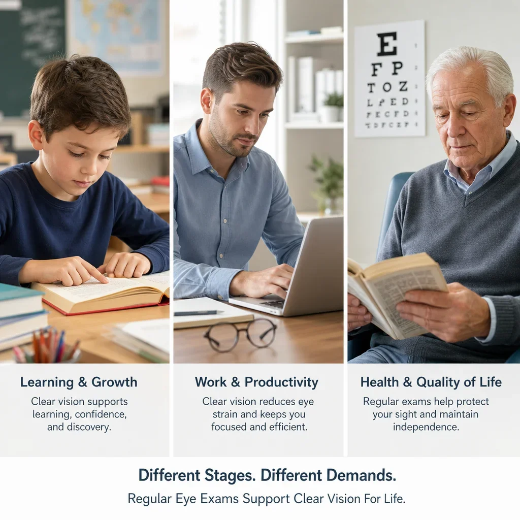 A three-generation scene showing children, adults, and seniors benefiting from eye exams.