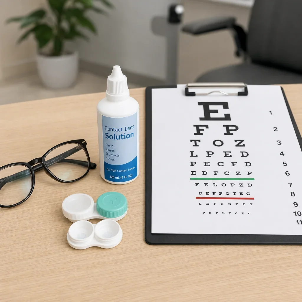 A neat clinic tabletop with glasses, contact lens supplies, and an exam clipboard.