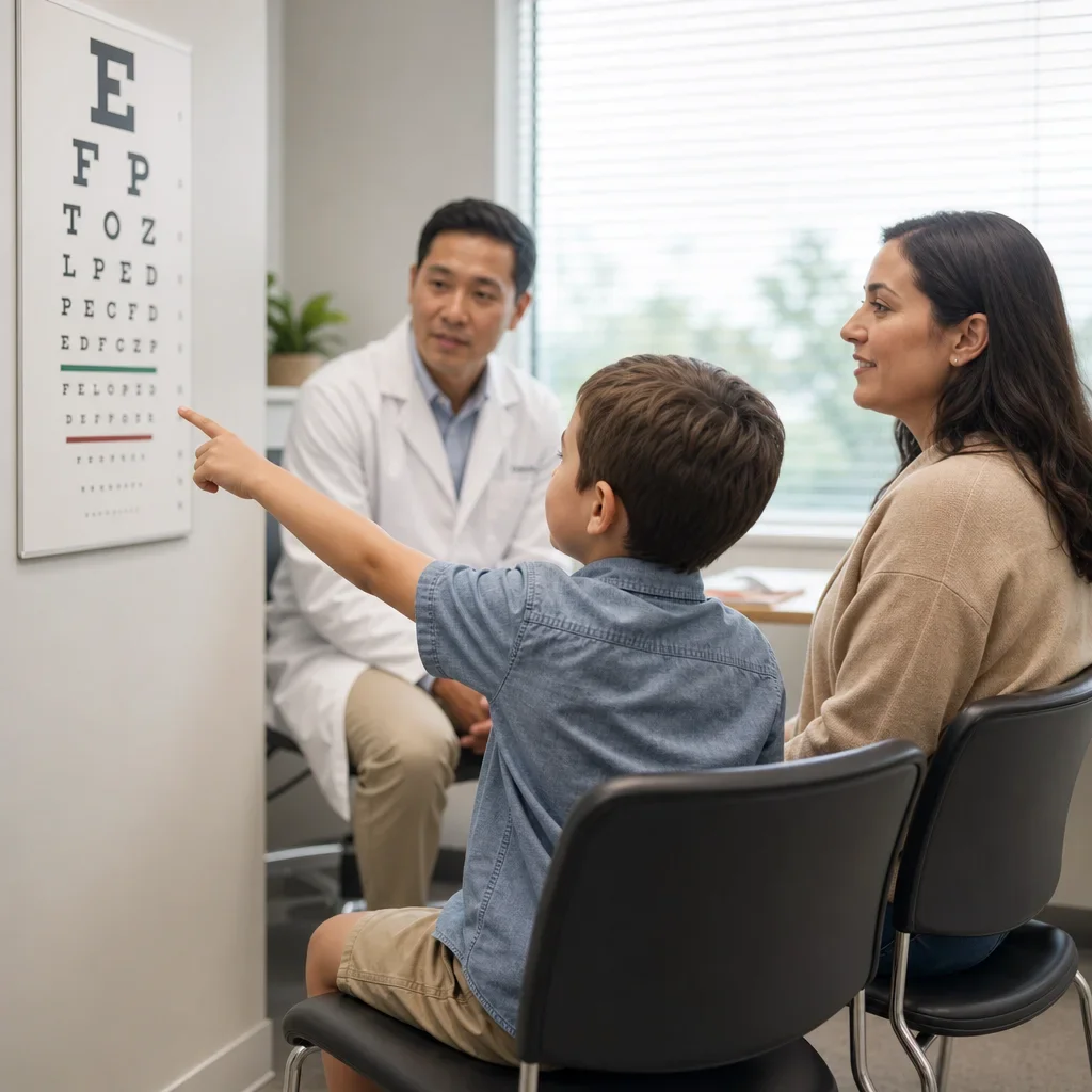A child undergoing an eye exam with a parent nearby.