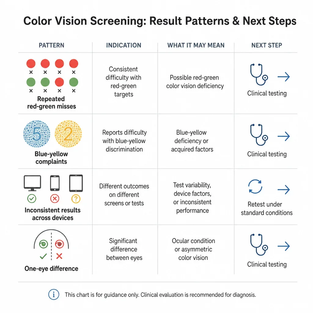 A simple chart showing what different color vision test result patterns may suggest.