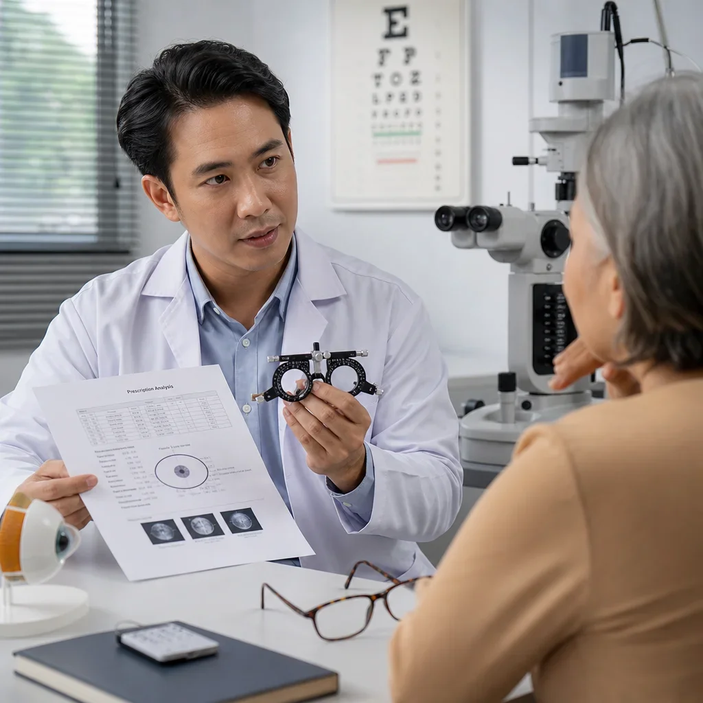 An eye doctor reviewing vision findings with a patient in clinic.