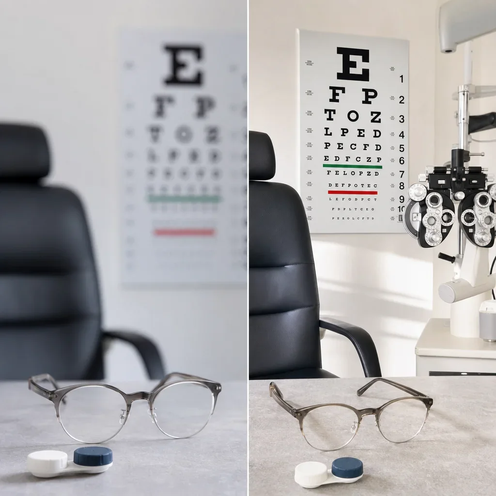 Glasses and a contact lens case beside an eye exam setup.