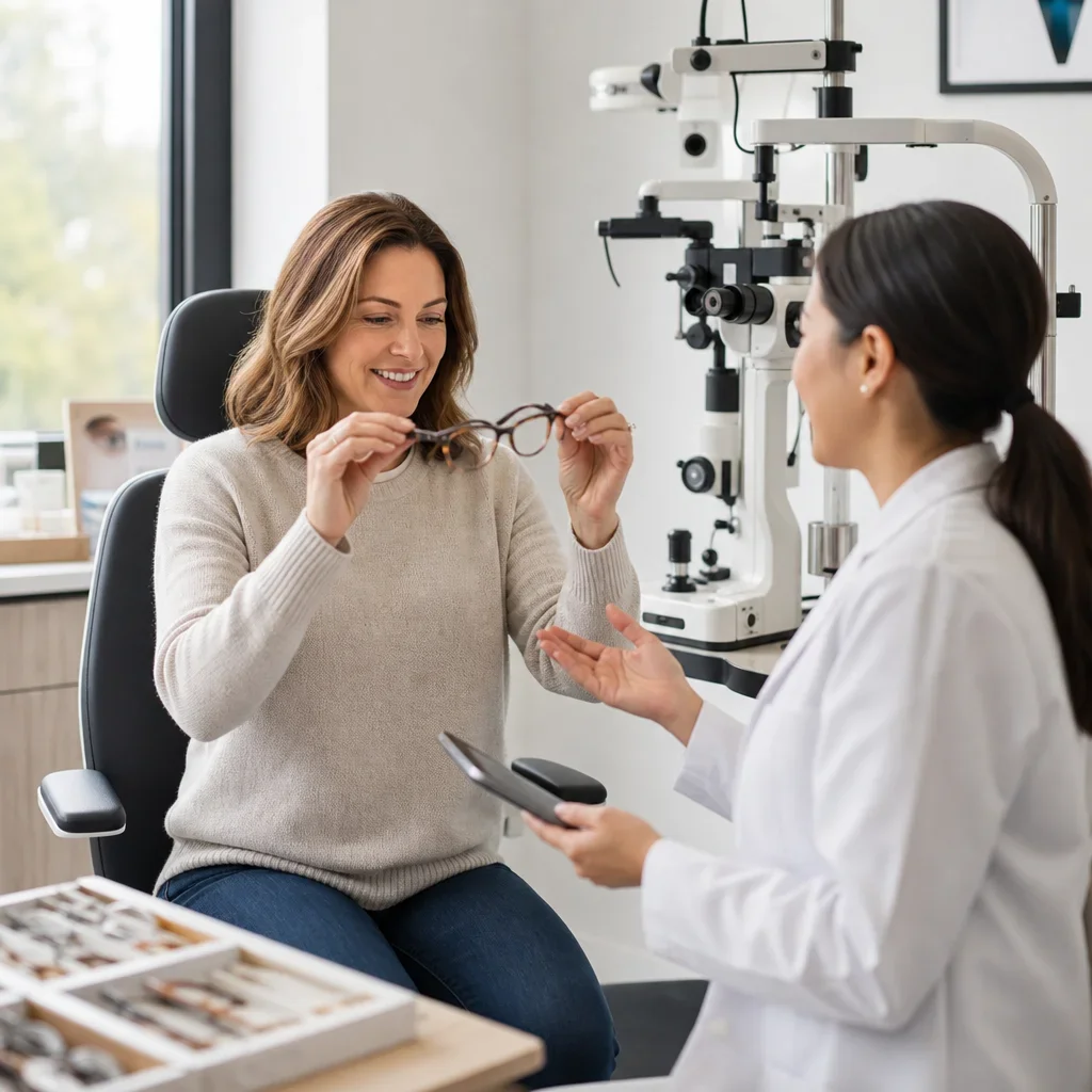 An eye care professional discussing options to improve vision with a patient.