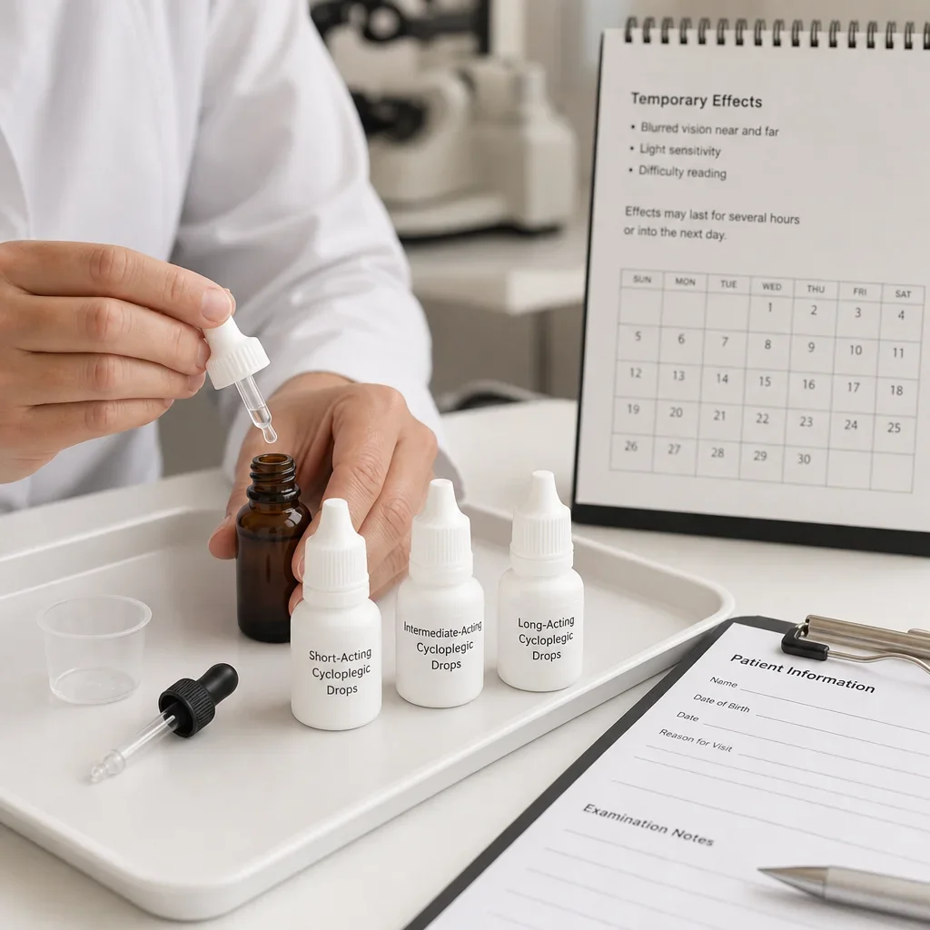A close-up of eye drop bottles and a clinical tray suggesting cycloplegic medications and duration.