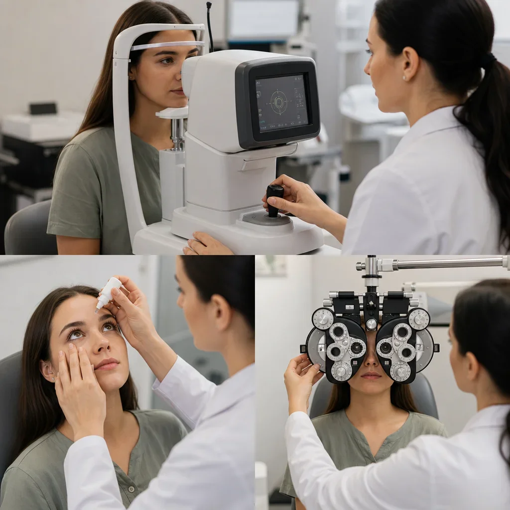 A multi-step optometry scene showing baseline testing, eye drops, and refraction after cycloplegia.