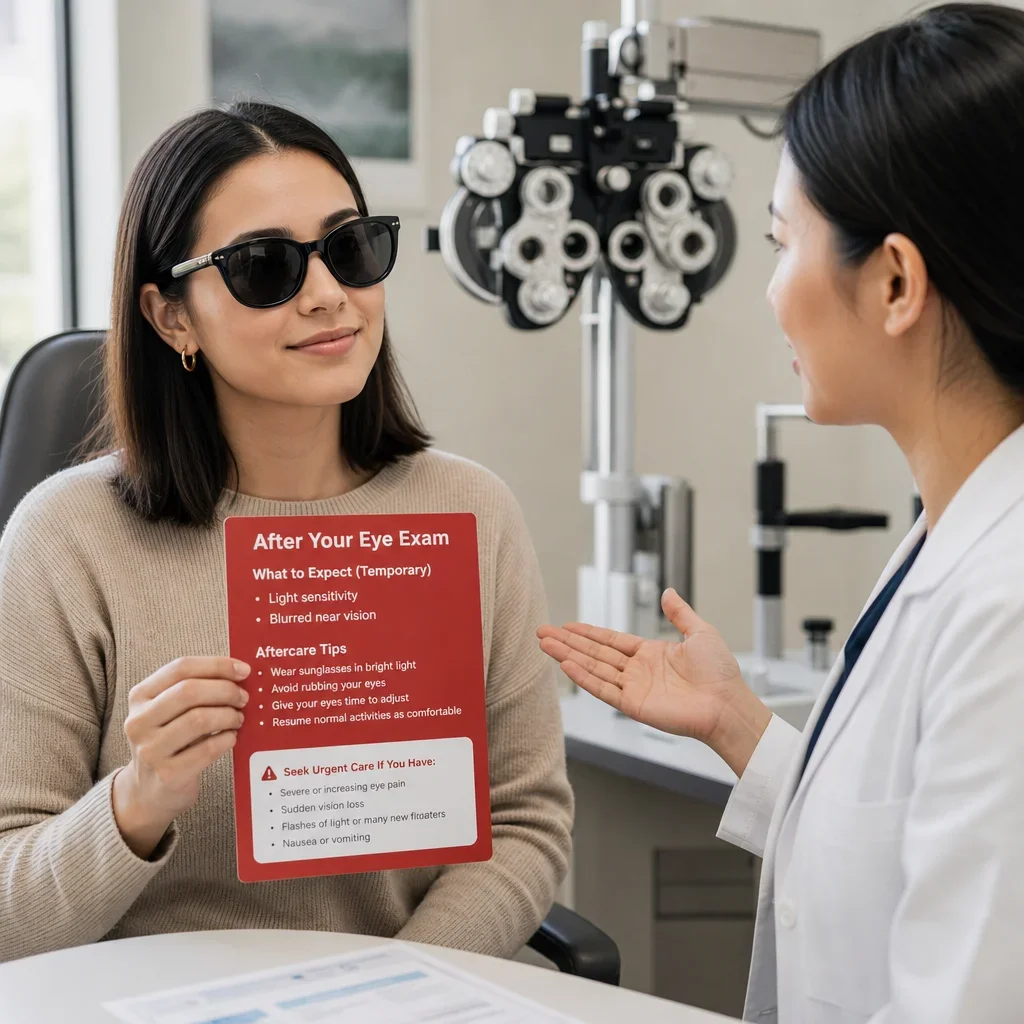 A patient wearing sunglasses while reviewing post-exam warning signs with an optometrist.