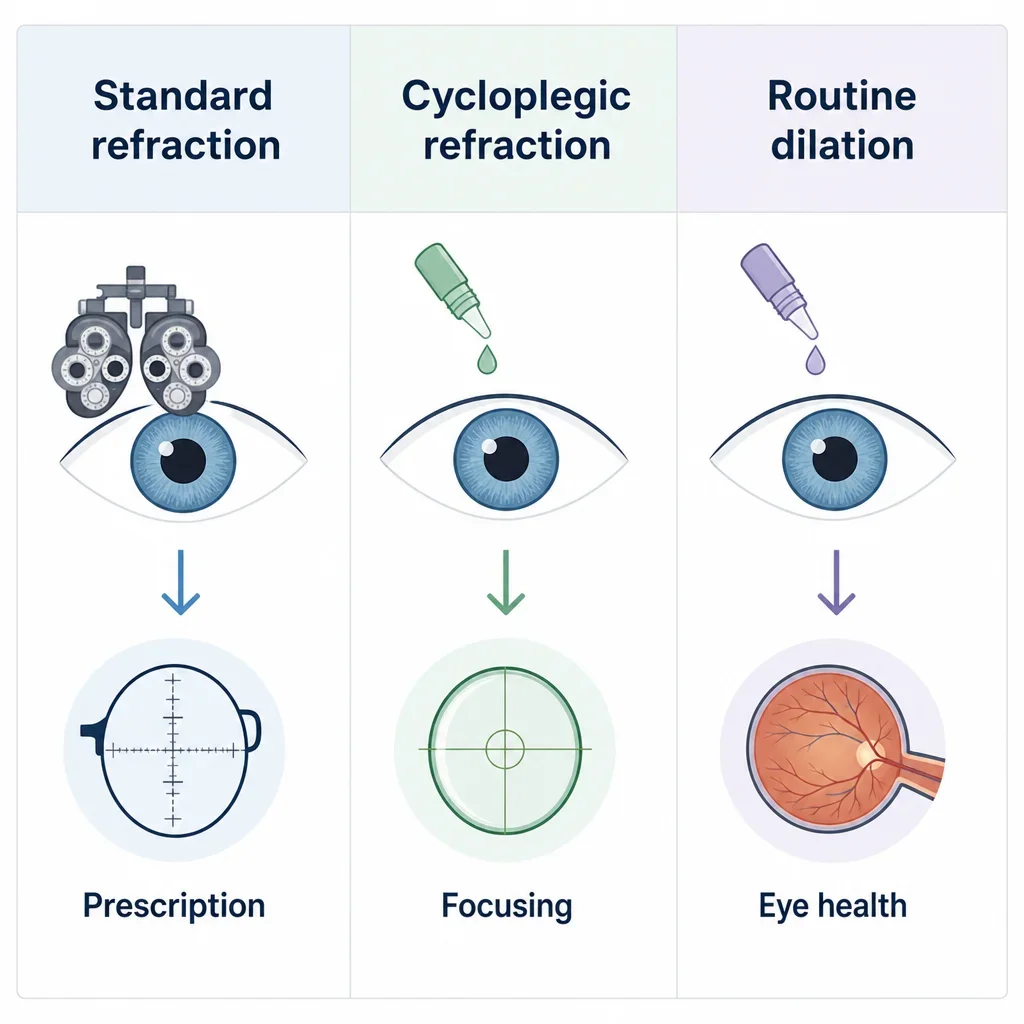 A simple comparison diagram showing standard refraction, cycloplegic refraction, and routine dilation.