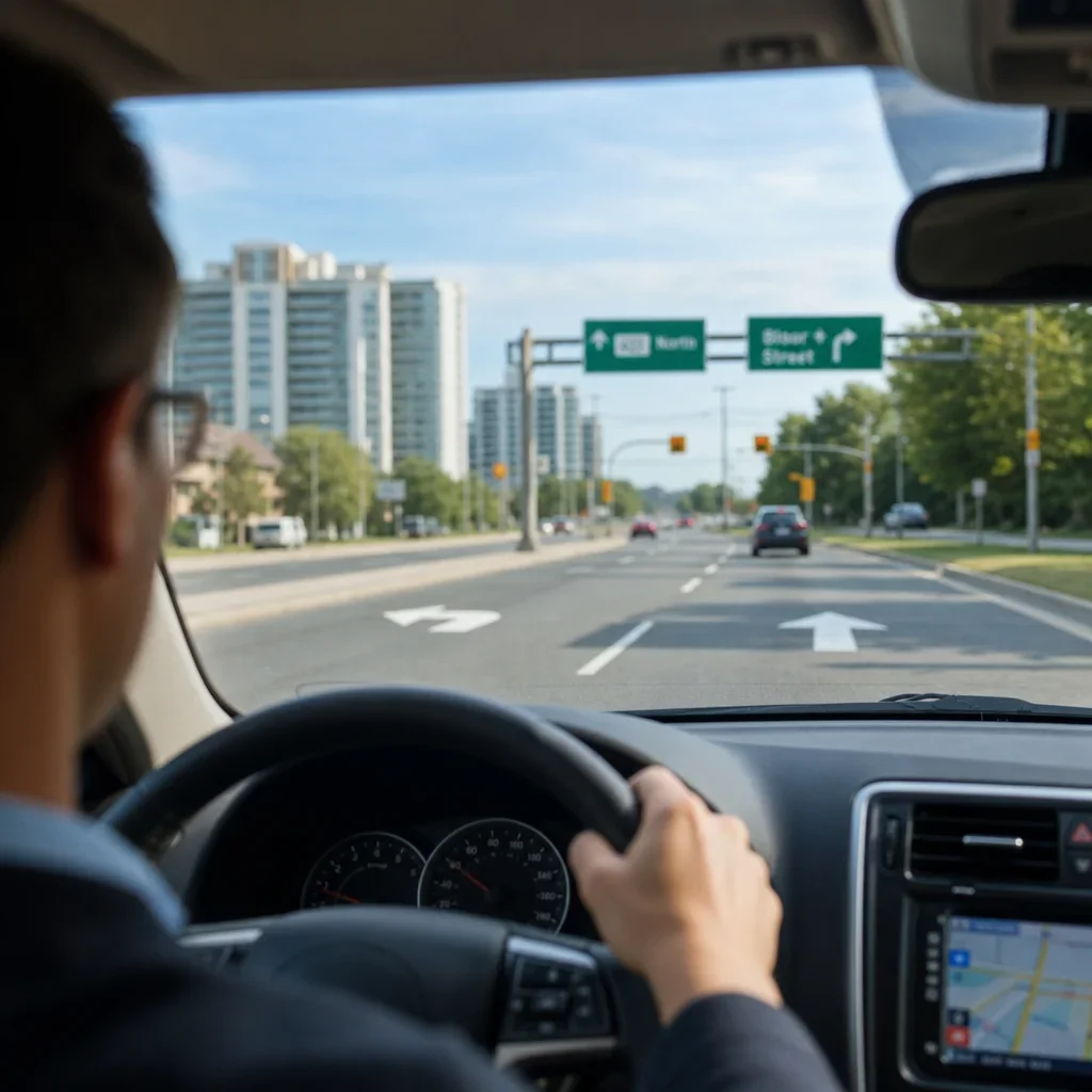 A driver looking at distant road signs from inside a car.