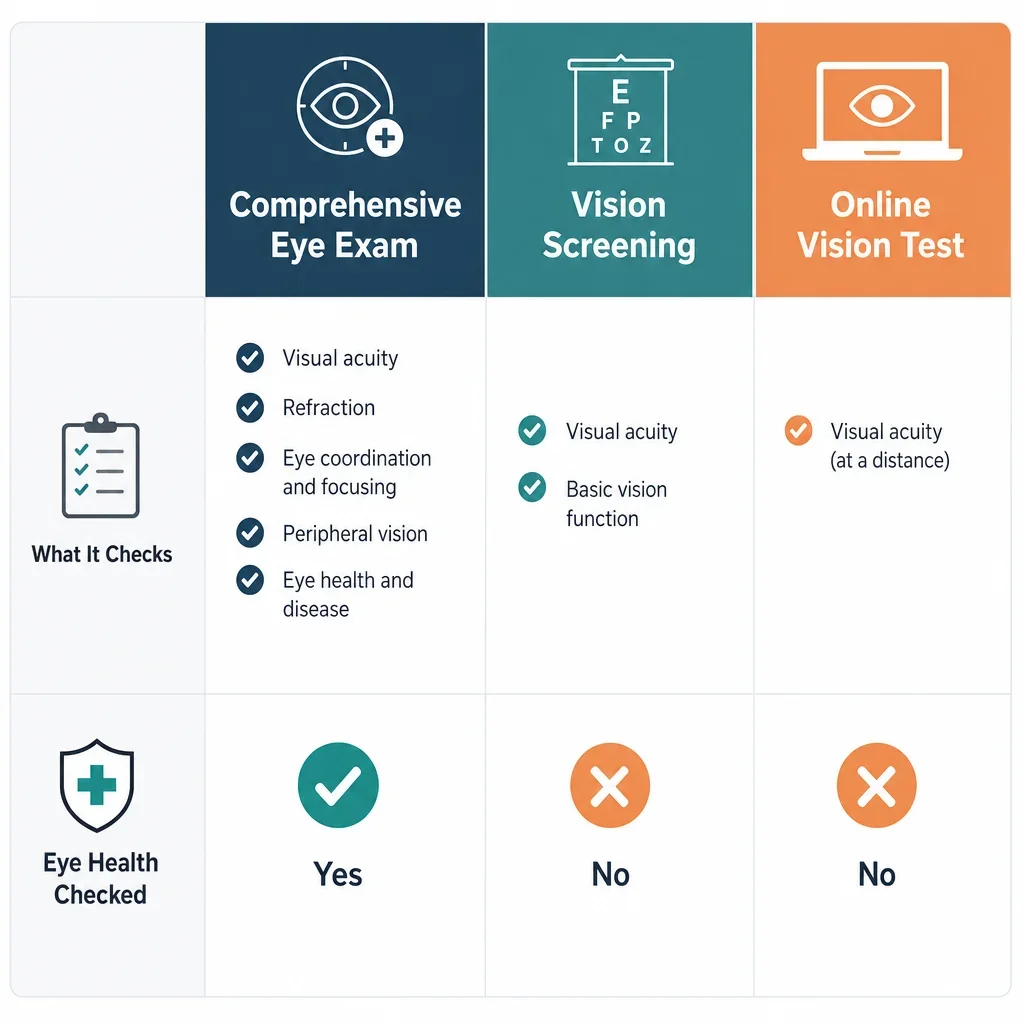 A simple comparison chart showing eye exam, screening, and online vision test.
