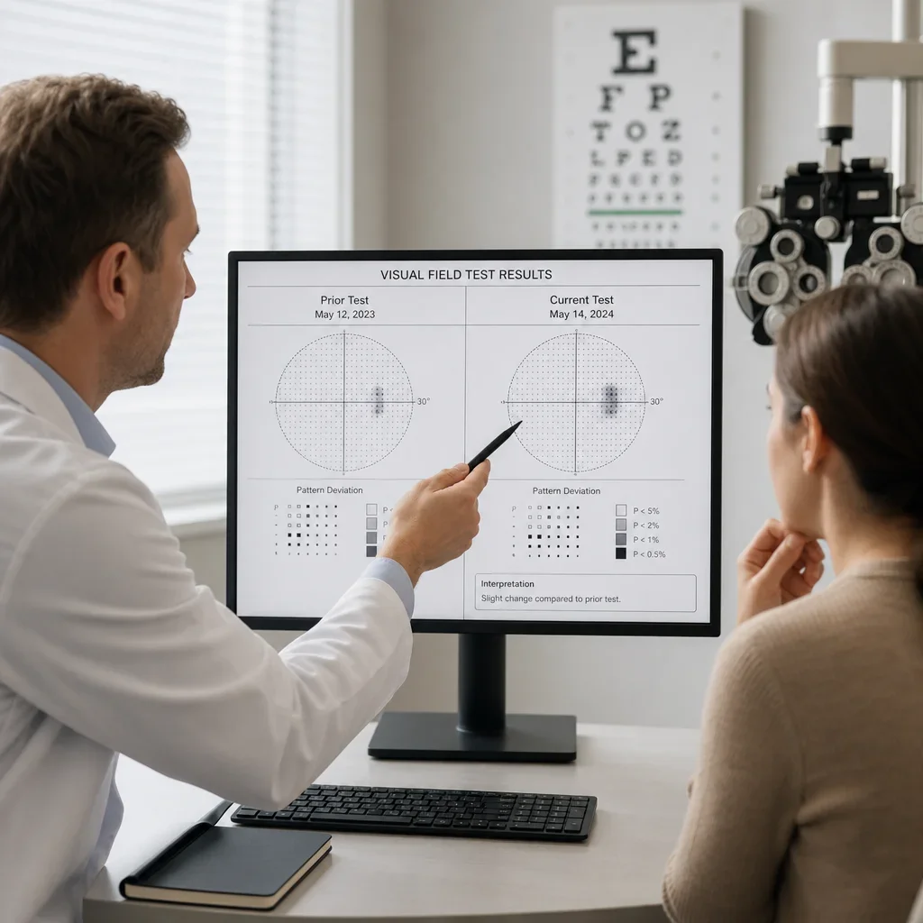 An optometrist comparing current and past eye exam results.