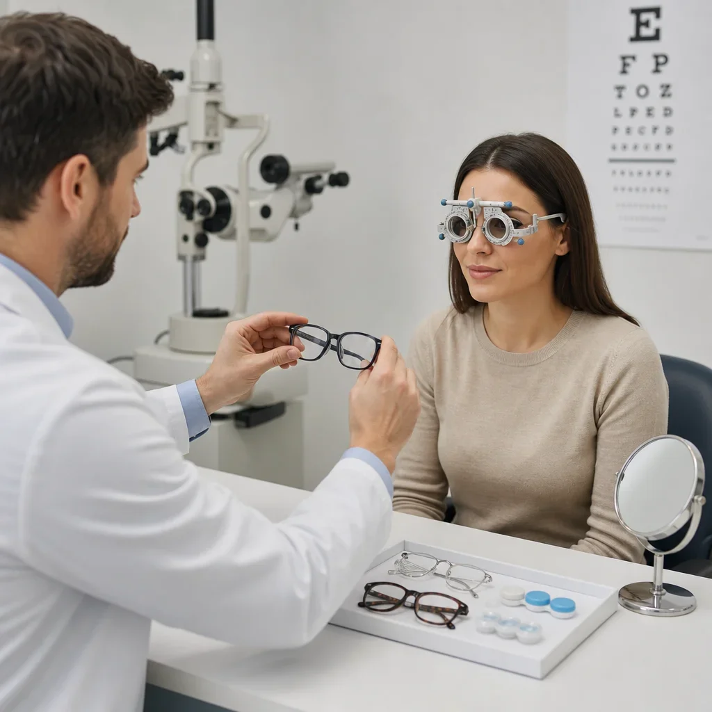 Glasses and contact lenses shown during an optometry consultation.