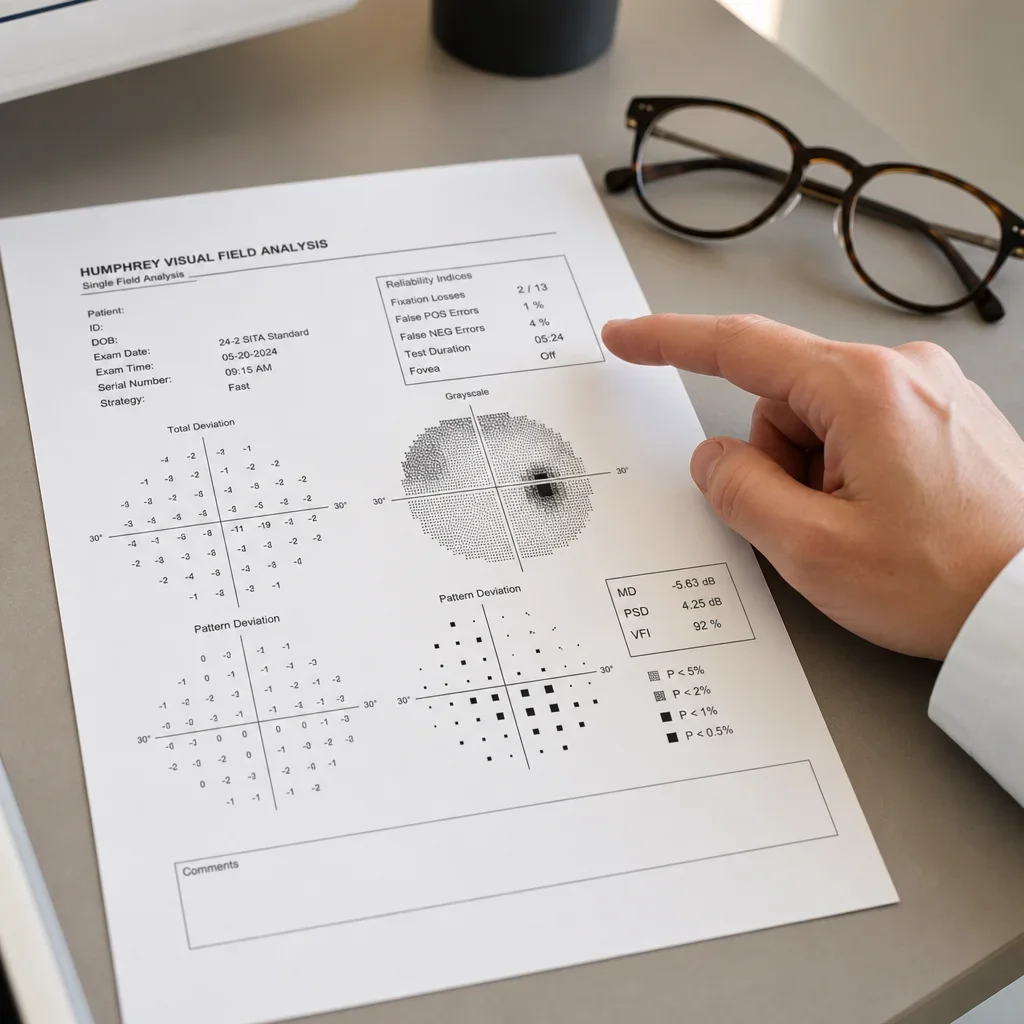 A clinician reviewing a Humphrey visual field report and pointing to the key results.