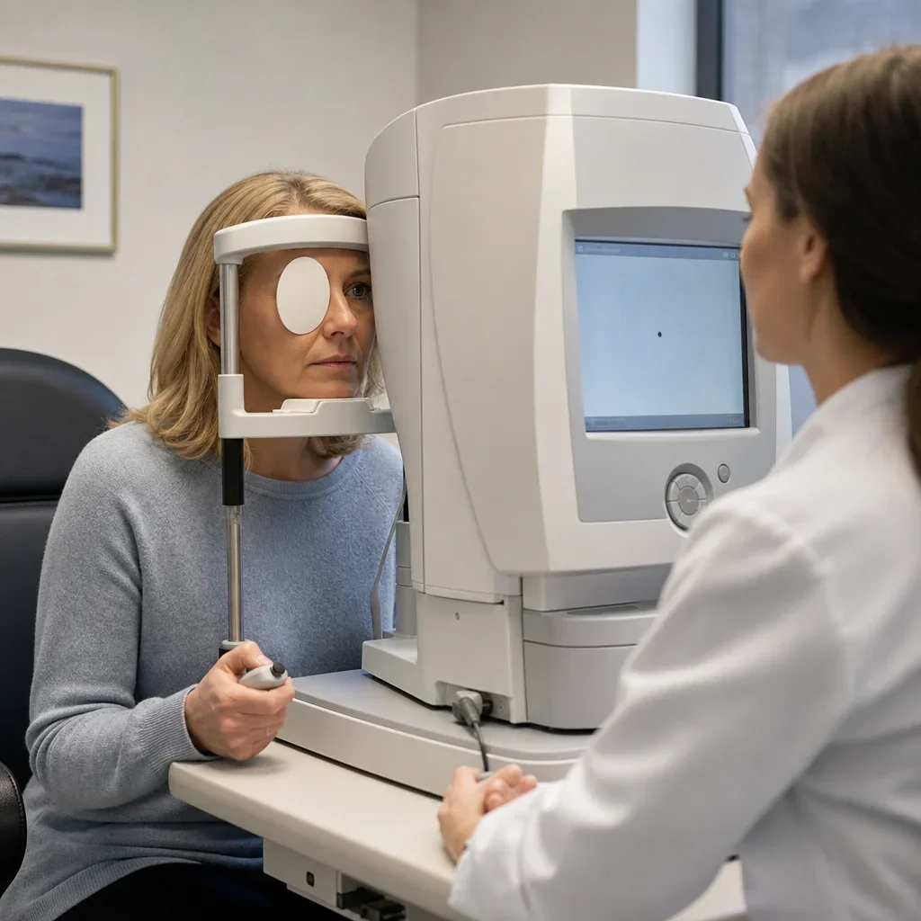 A patient taking a Humphrey visual field test with chin and forehead resting on the machine.